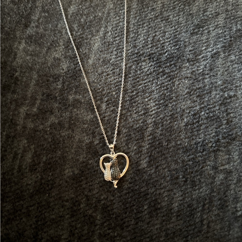 Silver Heart Pendant Necklace with Cat Accent - Women's Jewelry